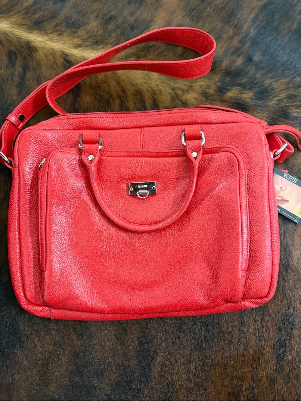 BODHI Red Leather Laptop Tote with Removable Strap